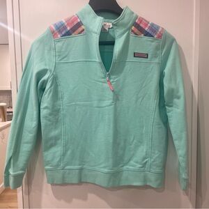 Vineyard Vines Women's Mint Green Shep 1/4 Zip Sweater Madras Plaid Spring Large